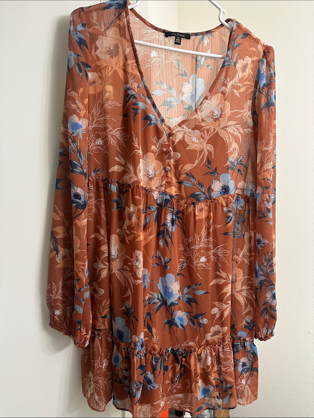 City Studios Rust Floral V-Neck Tiered Long-Sleeve Dress with Blue Accents